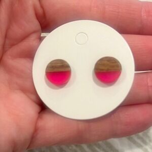Pink Acrylic‎ and Wood Half-Moon Stud Earrings